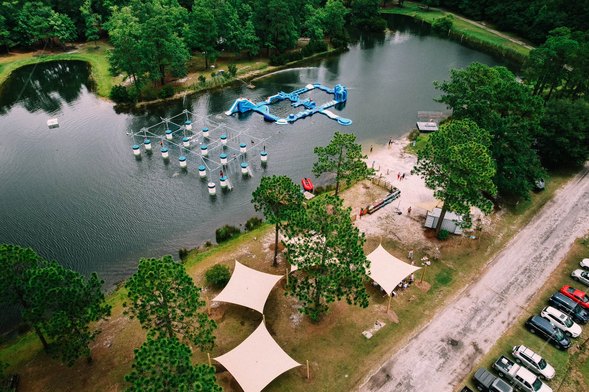 Bird's eye view of Charleston Aqua Park at Trophy Lakes